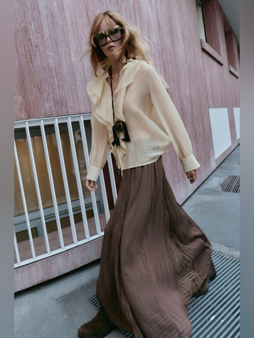 ZARA Lace Godet Chiffon Overlay Brown Maxi Elastic Waist Skirt. M NWT - Picture 5 of 16